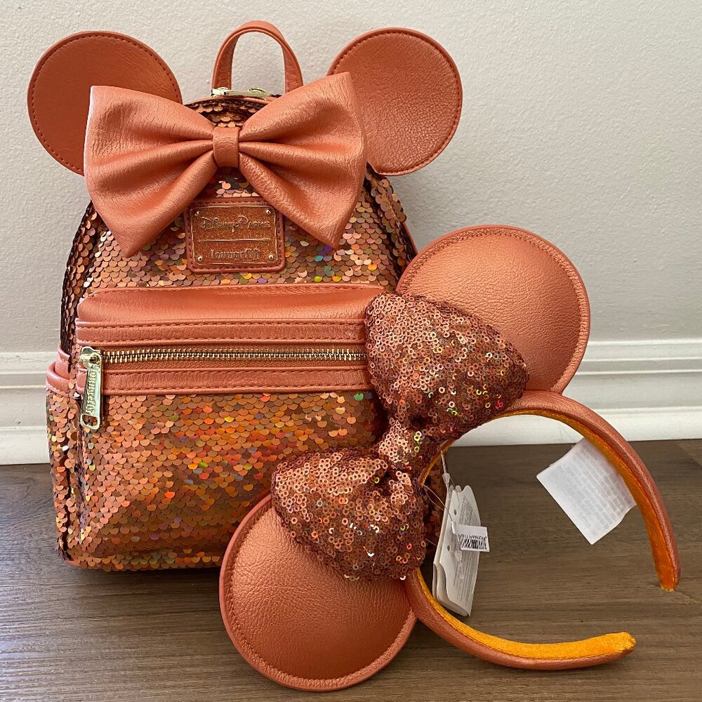 Disney Park Loungefly Minnie Mouse Sequined Mini Backpack + Ears Peach Punch